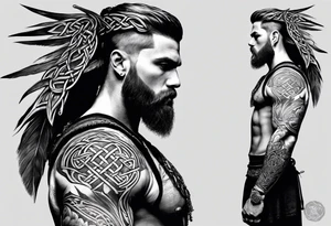 Side profile full body of a celtic warrior with weapons tattoo idea