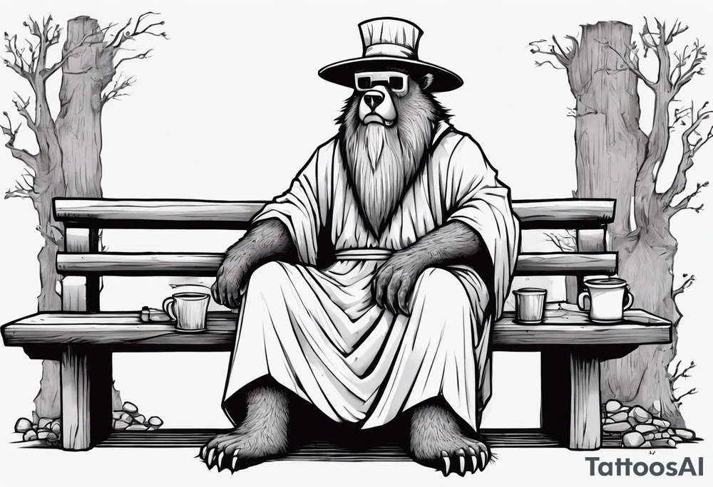 a medieval bear-human hybrid with a long grey beard wearing a tunic and a floppy hat sitting on a bench by a fireplace drinking from a wood cup tattoo idea