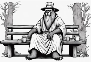 a medieval bear-human hybrid with a long grey beard wearing a tunic and a floppy hat sitting on a bench by a fireplace drinking from a wood cup tattoo idea