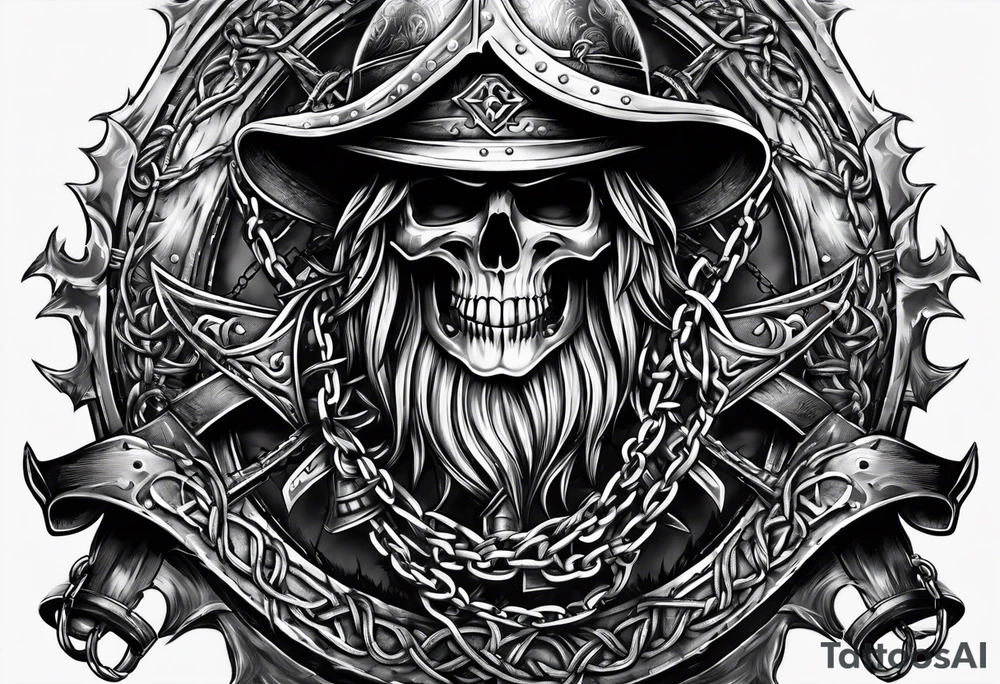Valhalla sword shield axe barbed wire chains dark cloud tattoo idea