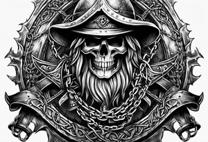 Valhalla sword shield axe barbed wire chains dark cloud tattoo idea