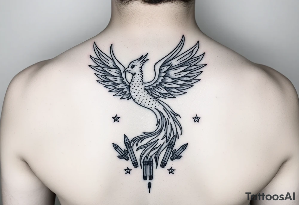 Phoenix rising from flames, surrounded by ninja stars and ballistic missiles, semicolon integrated into the design, fine line black ink, minimalist but dramatic but dainty for wrist tattoo idea