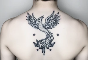Phoenix rising from flames, surrounded by ninja stars and ballistic missiles, semicolon integrated into the design, fine line black ink, minimalist but dramatic but dainty for wrist tattoo idea