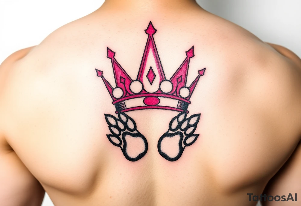 pink princess crown on top of paw prints tattoo idea