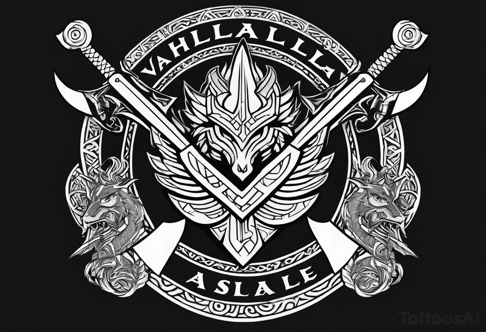 Valhalla sword shield dragon axe Valknut tattoo idea
