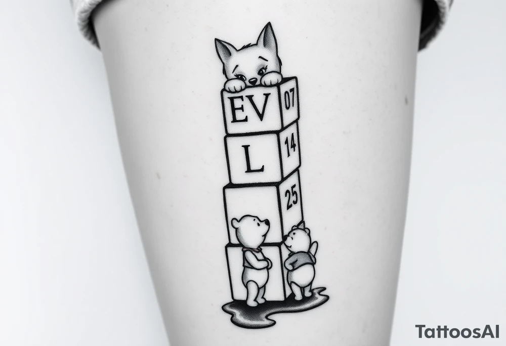 a thigh tattoo with alphabet blocks going down vertically but on the alphabet blocks, the name SEVYN is alternated on the sides of all five blocks and 07/14/25 is alternated on the sides of the blocks as well and on the top of the blocks Marie from the Aristocats peeking up looking showing her eyes, her bow on her head and her front pause and then on the bottom block then Winnie the Pooh standing on the ground, reaching up on the block for the honey that’s spilling off the side and on the left side not on the blocks to say 6 ounces 12 pounds 20 inches all lined up in a column going vertically starting with the 6 ounces 12 pounds and 20 inches in that order and then on the right side, not touching the blocks to say 3:51 AM. tattoo idea