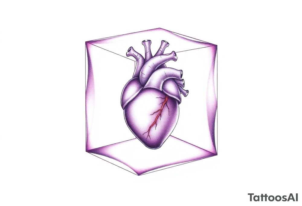 A translucent purple cube with an anatomical heart inside tattoo idea