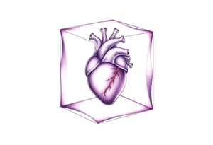 A translucent purple cube with an anatomical heart inside tattoo idea