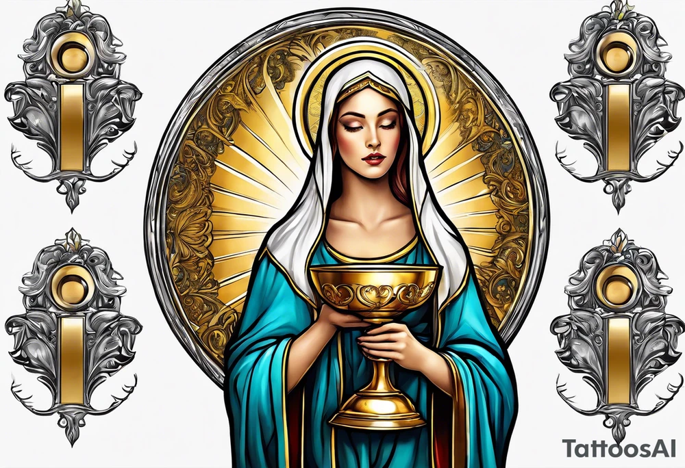 holy saint woman turned away with golden halo holding a chalice tattoo idea