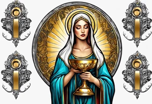 holy saint woman turned away with golden halo holding a chalice tattoo idea