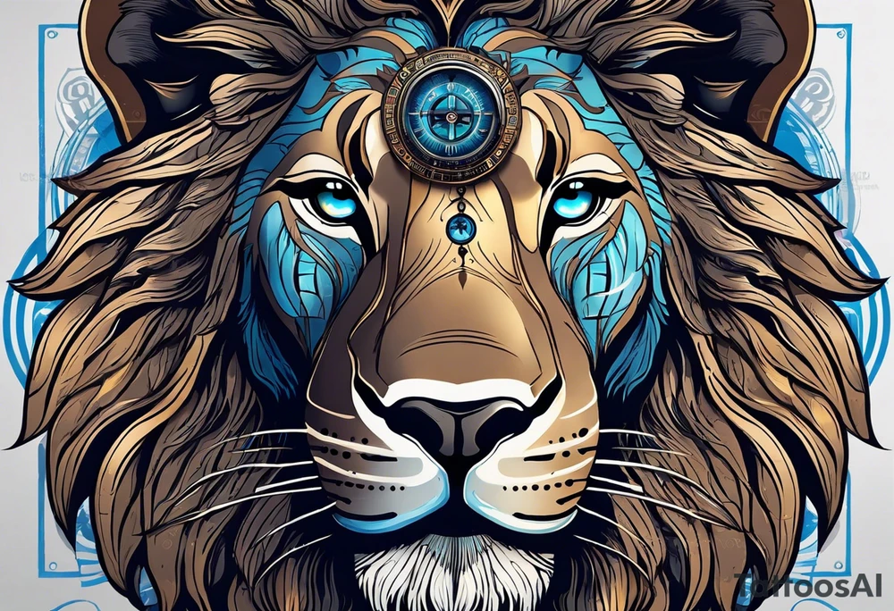 face of a lion with a third eye. Left eye blue, right eye brown. The third eye on the forehead is abstract. Around the muzzle there is a compass bezel tattoo idea