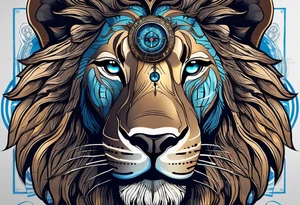 face of a lion with a third eye. Left eye blue, right eye brown. The third eye on the forehead is abstract. Around the muzzle there is a compass bezel tattoo idea