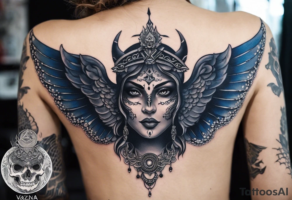 black kali, goddess pirate, alien, angel, pachamama, valkrye, warrior, flying, skull, lotus azul, wing, eagle, zenza resonance, stars, 5D, anahata chakra, death, durga, riding on a tiger, flying lady, chest tatoo tattoo idea