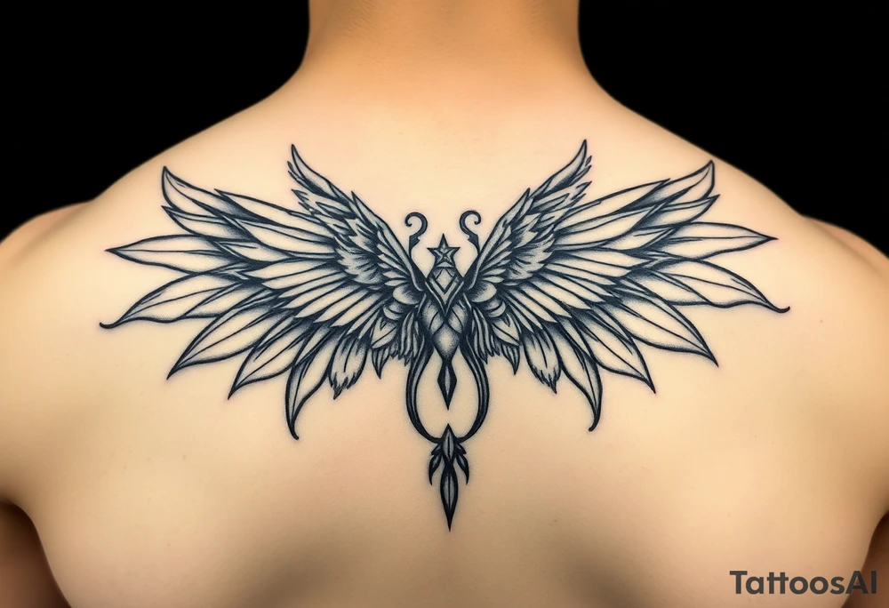 maximalist, cyber sigilism, organic touches, back tattoo, whimsical, witchy, hippie, fairy wing like, maximalistic, very very complex and big, detailed tattoo idea