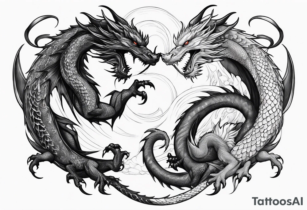 Ying yang dragons in a fighting eachother , with full bodies tattoo idea