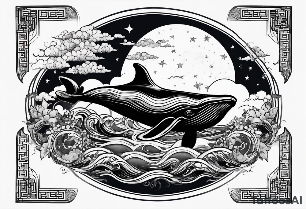 Whale jumping over a crescent moom tattoo idea
