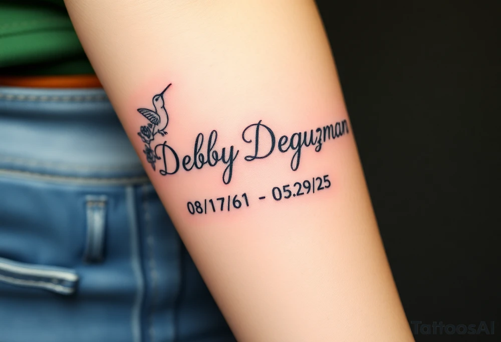 Tattoo of the exact name Debby Deguzman in chunky curly cursive with the exact dates of 08/17/61-05/29/25 surrounded by 1 hummingbird and 1 rose tattoo idea
