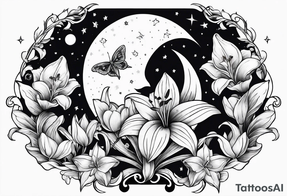 Small moon and stars with a moth and lily flowers tattoo idea