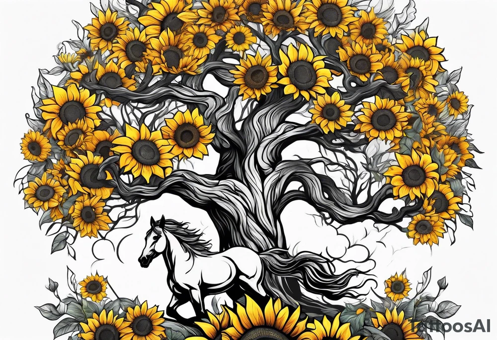Yggdrasil tree, horse in front of it, and sunflowers tattoo idea