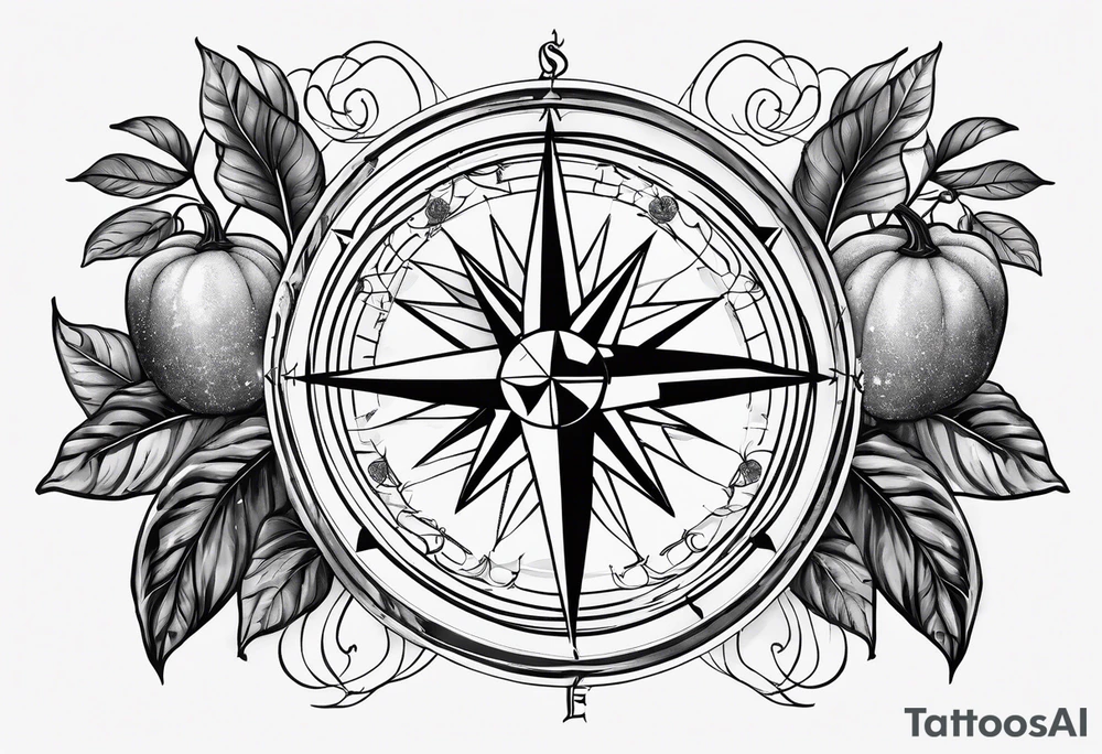 The compass is in the center, surrounded by a few eggplant leaves. tattoo idea