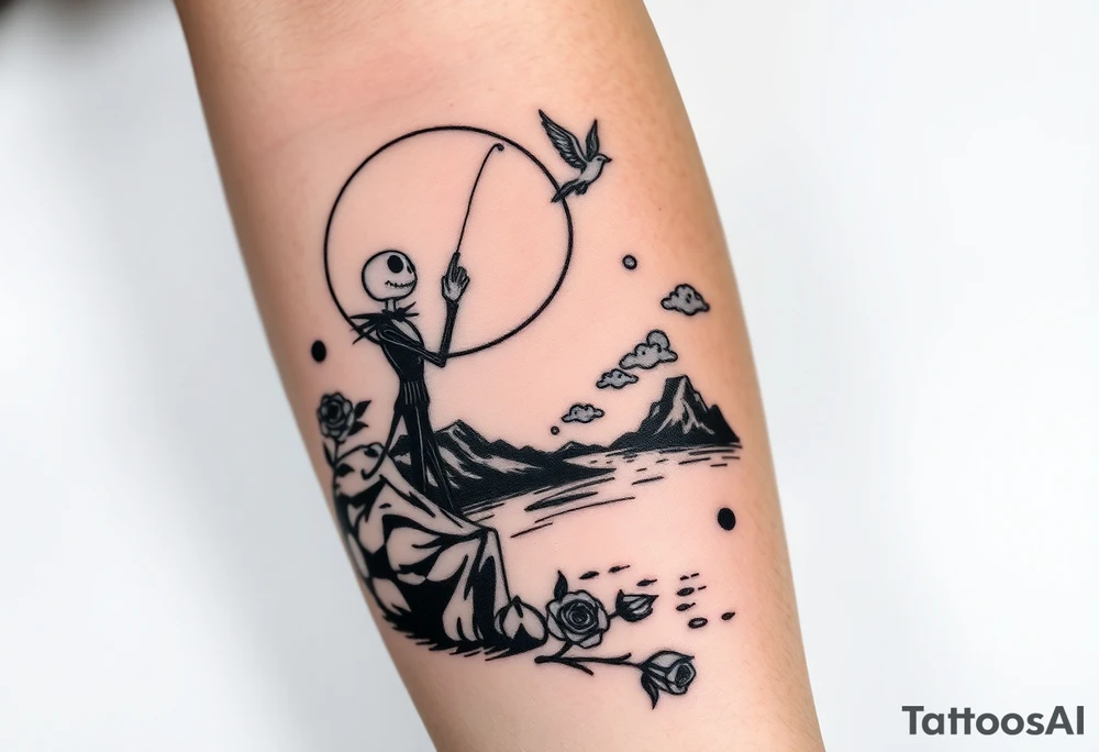 jack skellington fishing at river ,waving to angels in sky, roses, clouds tattoo idea