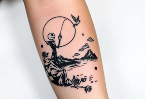 jack skellington fishing at river ,waving to angels in sky, roses, clouds tattoo idea