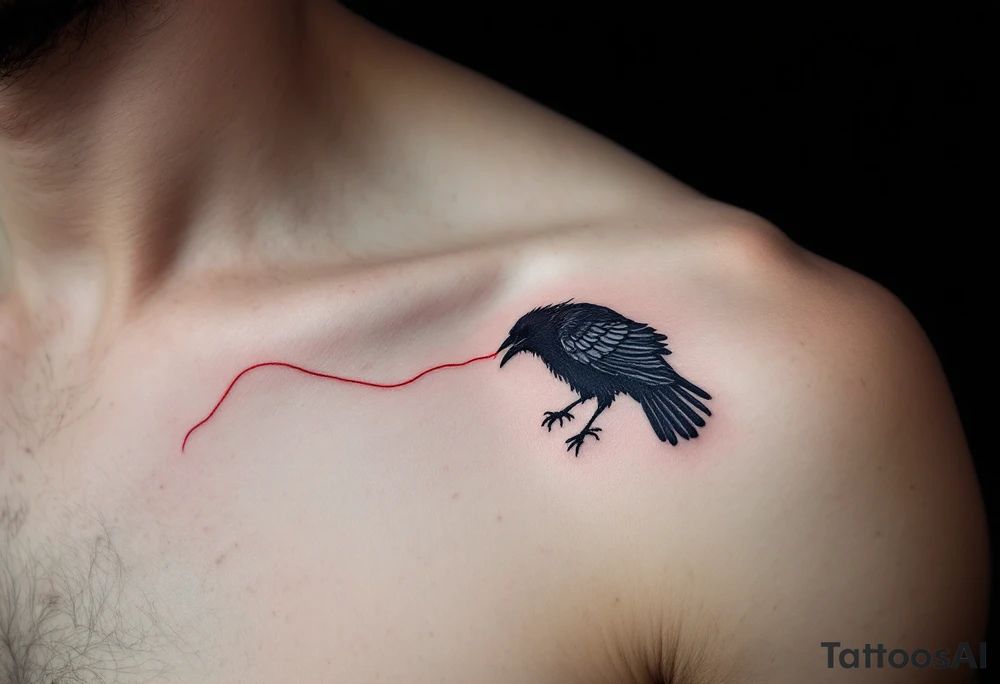 Crow with Red Thread – A black crow clutching a thin red thread in its beak, symbolizing fate or connection. Minimalistic style with just a pop of crimson. tattoo idea