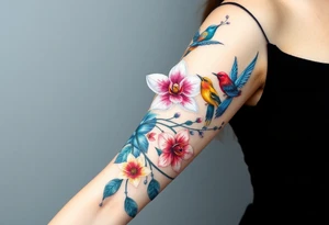 orchid flower ,  Coi fish and colorful birds tattoo idea