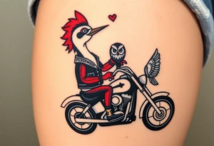 Woody the woodpecker wearing a leather vest that says peckerwoods, on a Harley Davidson under a palm tree, gazing in love at a barn owl tattoo idea