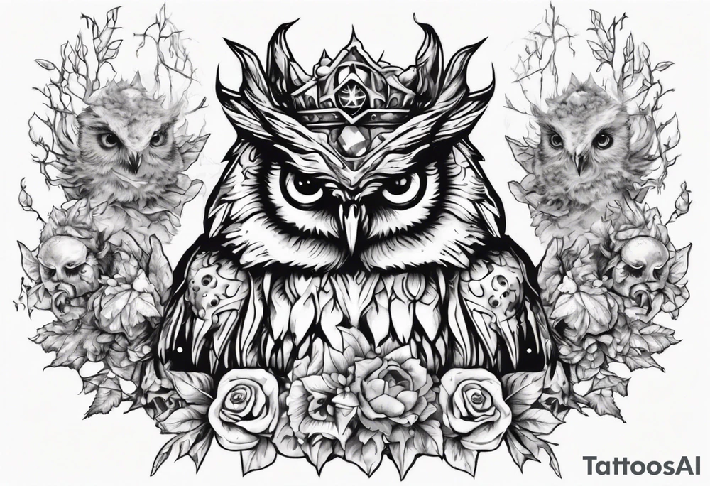 Demon crowned Owl surrounded by poisonous plants, crystals and astrology. tattoo idea