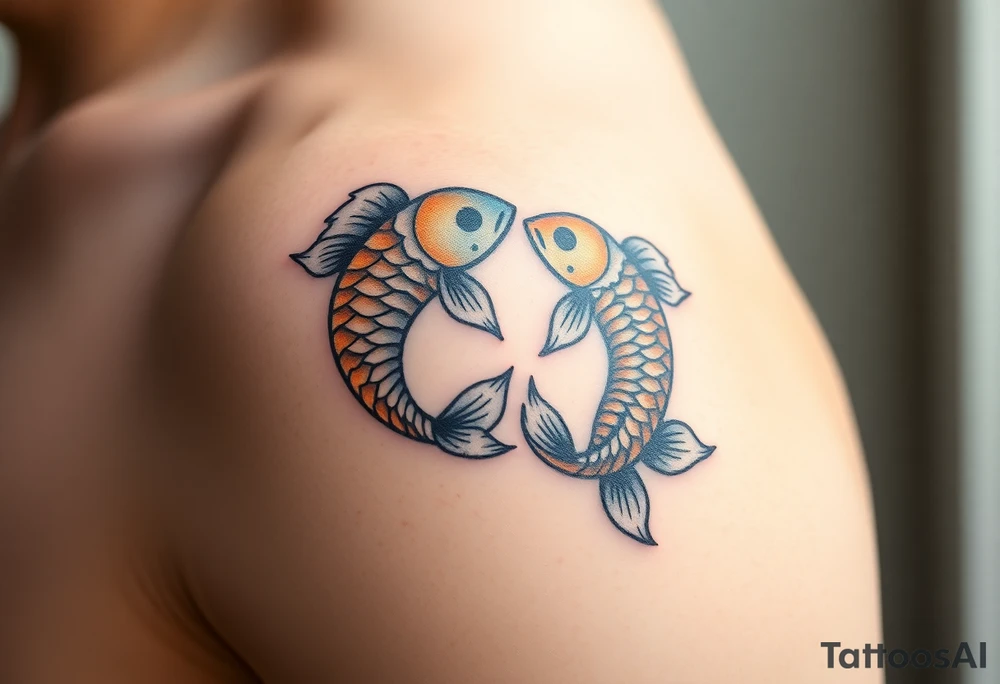 A pair of intertwined carp with flowing fins, resembling the yin-yang symbol, in soft gold and blue hues tattoo idea