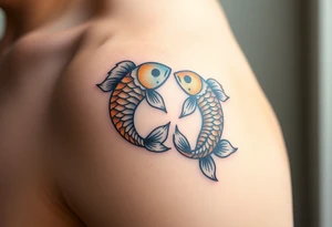 A pair of intertwined carp with flowing fins, resembling the yin-yang symbol, in soft gold and blue hues tattoo idea