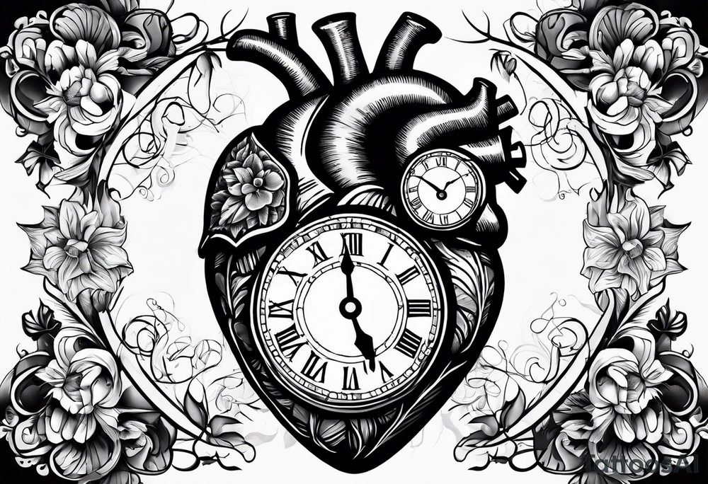 Anatomical heart with clock tattoo idea