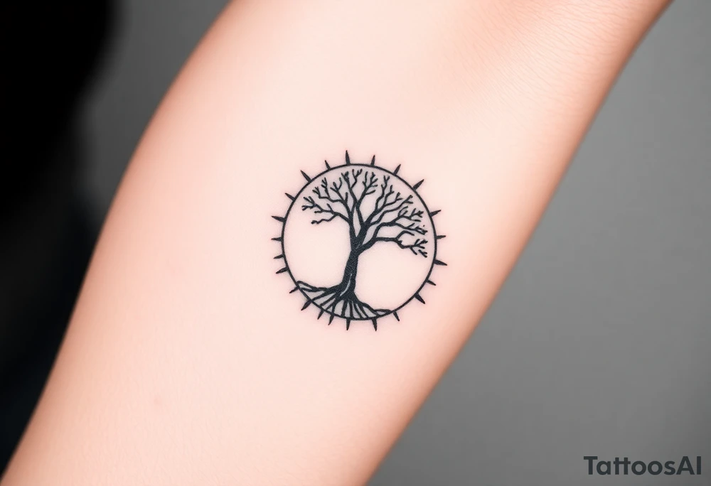 Tree inside of a spiral sun tattoo idea