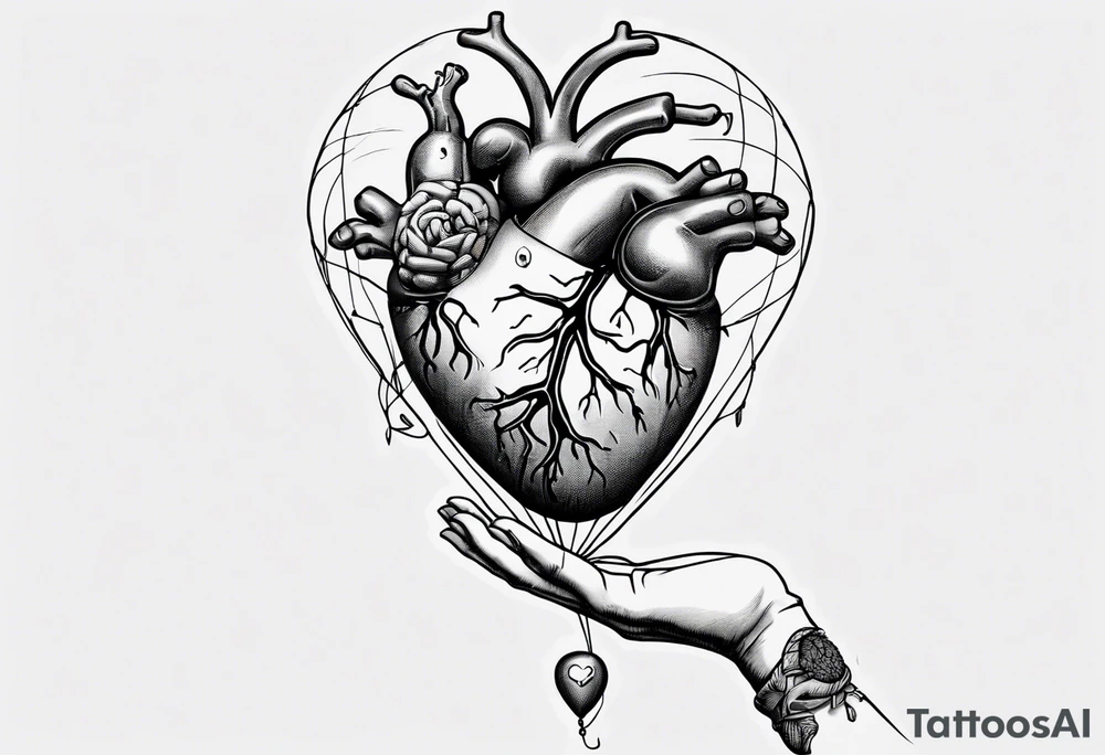 Woman's hand holding balloons tied to string, balloons in shape of anatomical heart and an anatomical brain tattoo idea