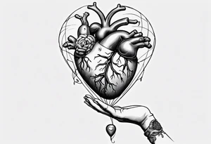 Woman's hand holding balloons tied to string, balloons in shape of anatomical heart and an anatomical brain tattoo idea