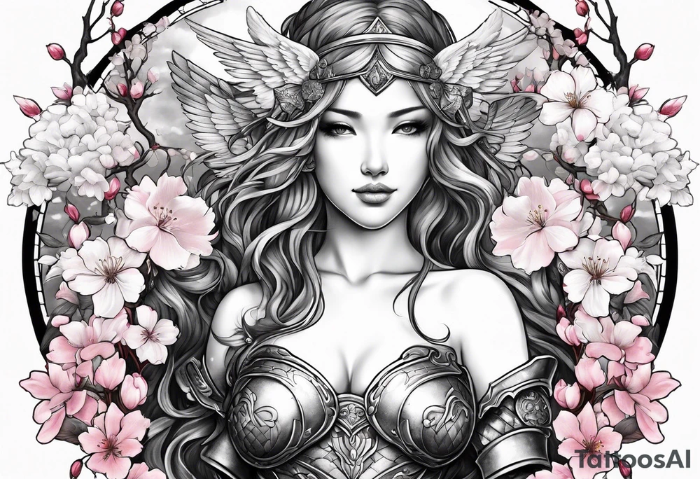 Angel in armor under a cherry blossom tree tattoo idea