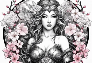 Angel in armor under a cherry blossom tree tattoo idea