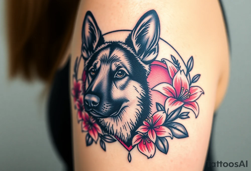 strong looking short haired german shepherd with alert ears surrounded by pink lilies with large leaves in front of a sacred heart tattoo idea