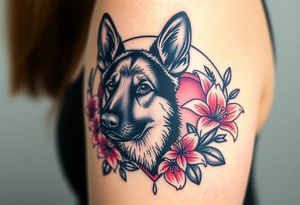 strong looking short haired german shepherd with alert ears surrounded by pink lilies with large leaves in front of a sacred heart tattoo idea