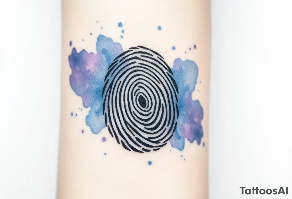 A fingerprint dissolving into soft watercolor splashes in blue and lavender, symbolizing fluidity and emotional depth tattoo idea