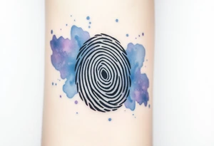 A fingerprint dissolving into soft watercolor splashes in blue and lavender, symbolizing fluidity and emotional depth tattoo idea