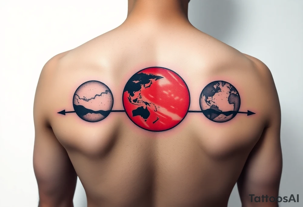 three horizontal planets. Color Black and red with more black tattoo idea