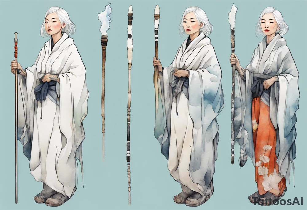 a 40 year old Inuit woman with white hair and a white robe holding a silver and white staff, standing on an iceberg tattoo idea