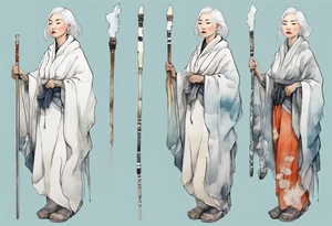 a 40 year old Inuit woman with white hair and a white robe holding a silver and white staff, standing on an iceberg tattoo idea