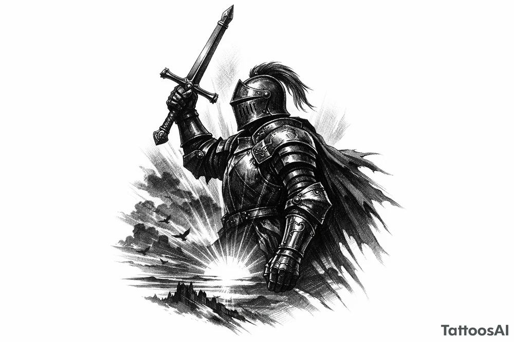 Knight in full ornate armor, sword held high, silhouetted against a dramatic sunset. tattoo idea