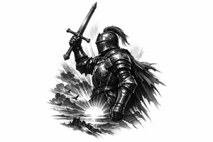 Knight in full ornate armor, sword held high, silhouetted against a dramatic sunset. tattoo idea