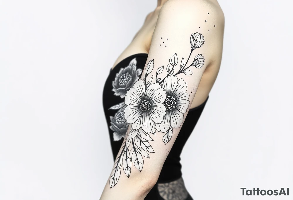 floral composition with japanese vibe, mutiple ornemental patern and leaf, dot geometric ornement tattoo idea