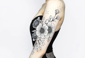 floral composition with japanese vibe, mutiple ornemental patern and leaf, dot geometric ornement tattoo idea