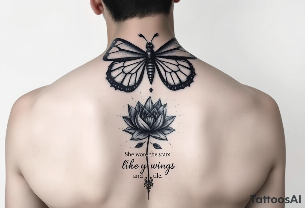 butterfly with cracked wings and lotus flower with quote that says “she wore her scars like wings” all down spine but very elegant towards lower back and small tattoo idea